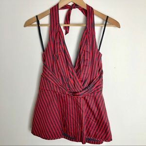 Anthro Odille red and navy halter top with overlap band at empire waist